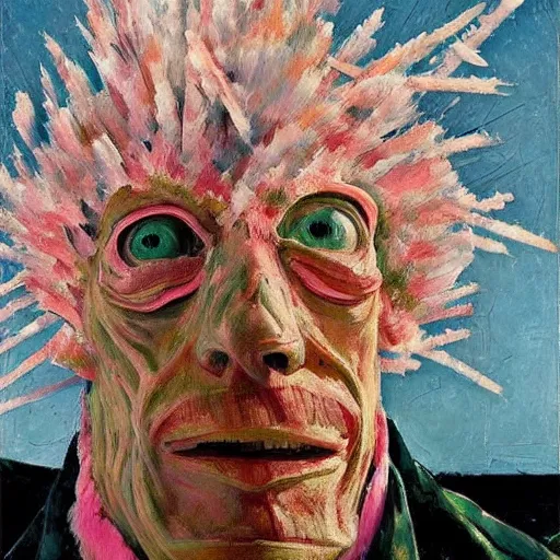 Image similar to shredded physique feathered tall neck beak Portrait of Samuel Beckett camouflaged as Flamingo whilst wearing a pink tuxedo Standing atop a Garbage Truck Greg Rutkowski Lucian Freud Paul Cezanne antonio donghi Jamie Wyeth