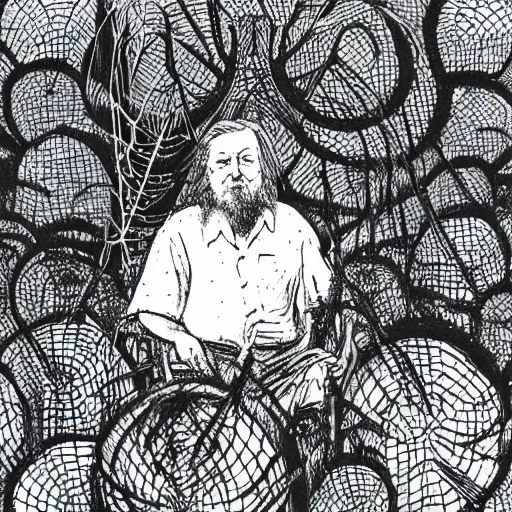 Image similar to robert wyatt sitting alongside giant spiders, illustration by robert wyatt