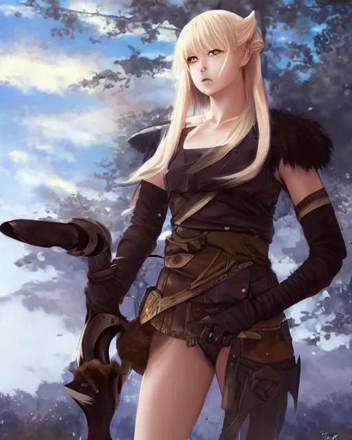 Image similar to An anime portrait of Ssunbuki as a blonde huntress from Skyrim, by Stanley Artgerm Lau, WLOP, Rossdraws, James Jean, Andrei Riabovitchev, Marc Simonetti, and Sakimichan, tranding on artstation, ultra realistic