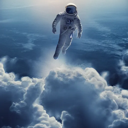 Prompt: photo of dying astronaut floating in sky over ocean, moody, atmospheric, 8k, unreal engine render, hyper realistic, sci fi