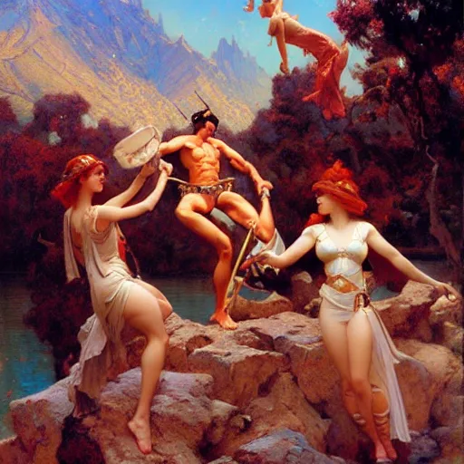 Image similar to limbo party on mount olympus matte painting gaston bussiere, craig mullins, j. c. leyendecker