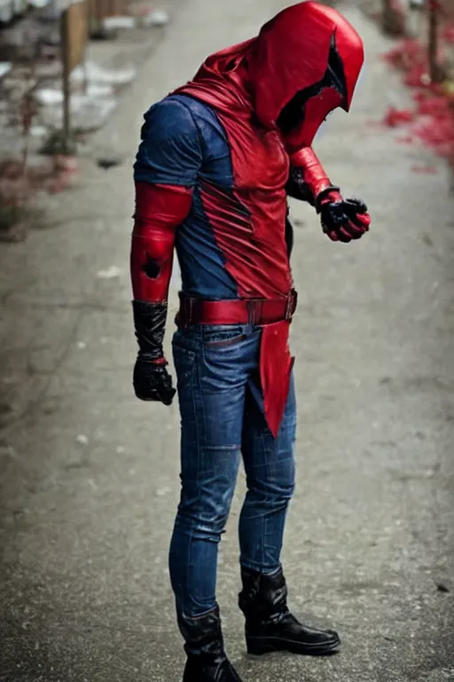 Prompt: red hood cosplay, creepy, disturbing, bloody, darkness, grainy, urban, jeans