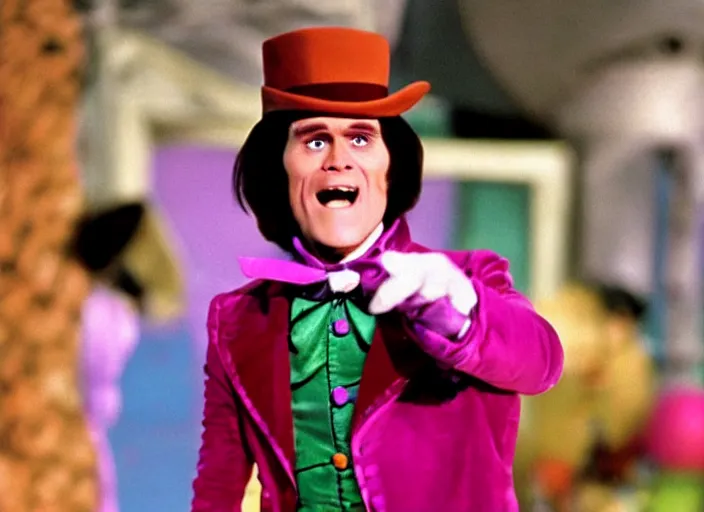 Image similar to film still of Jim Carrey as Willy Wonka in Willy Wonka and the Chocolate Factory 1971