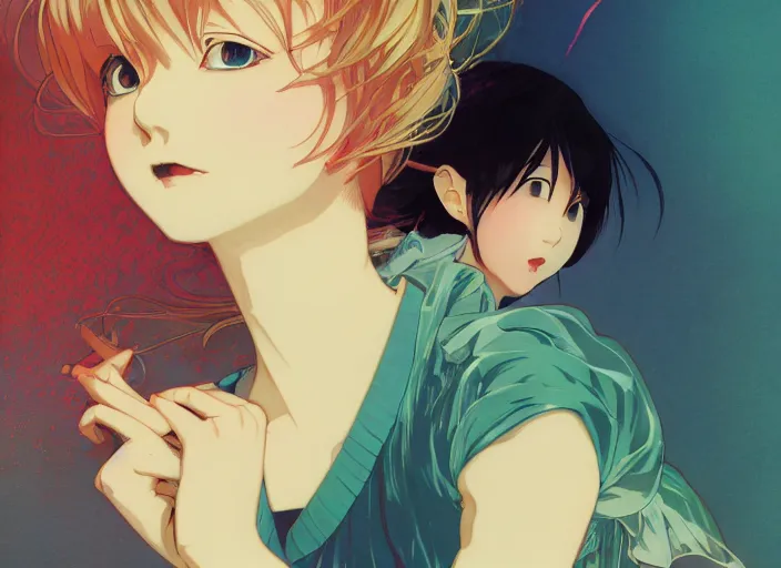 Image similar to yoh yoshinari editorial illustration colorful anime portrait of shiina ringo, murata range, manga, ilya kuvshinov, fine texture, detailed, matte colors, perfect anime face, cinematic dramatic lighting, film grain, dynamic composition, moody, vivid, volumetric, alphonse mucha, stippled lighting