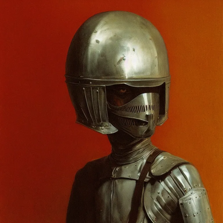 Prompt: portrait of a knight in a motorcycle dirt helmet, fashion studio, elegant , lighting, 35mm , Edward Hopper and James Gilleard, Zdzislaw Beksinski, Steven Outram highly detailed