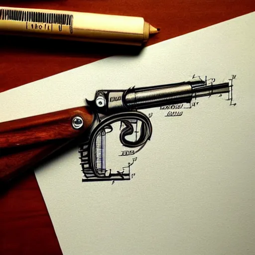 Image similar to technical drawing a steampunk revolver