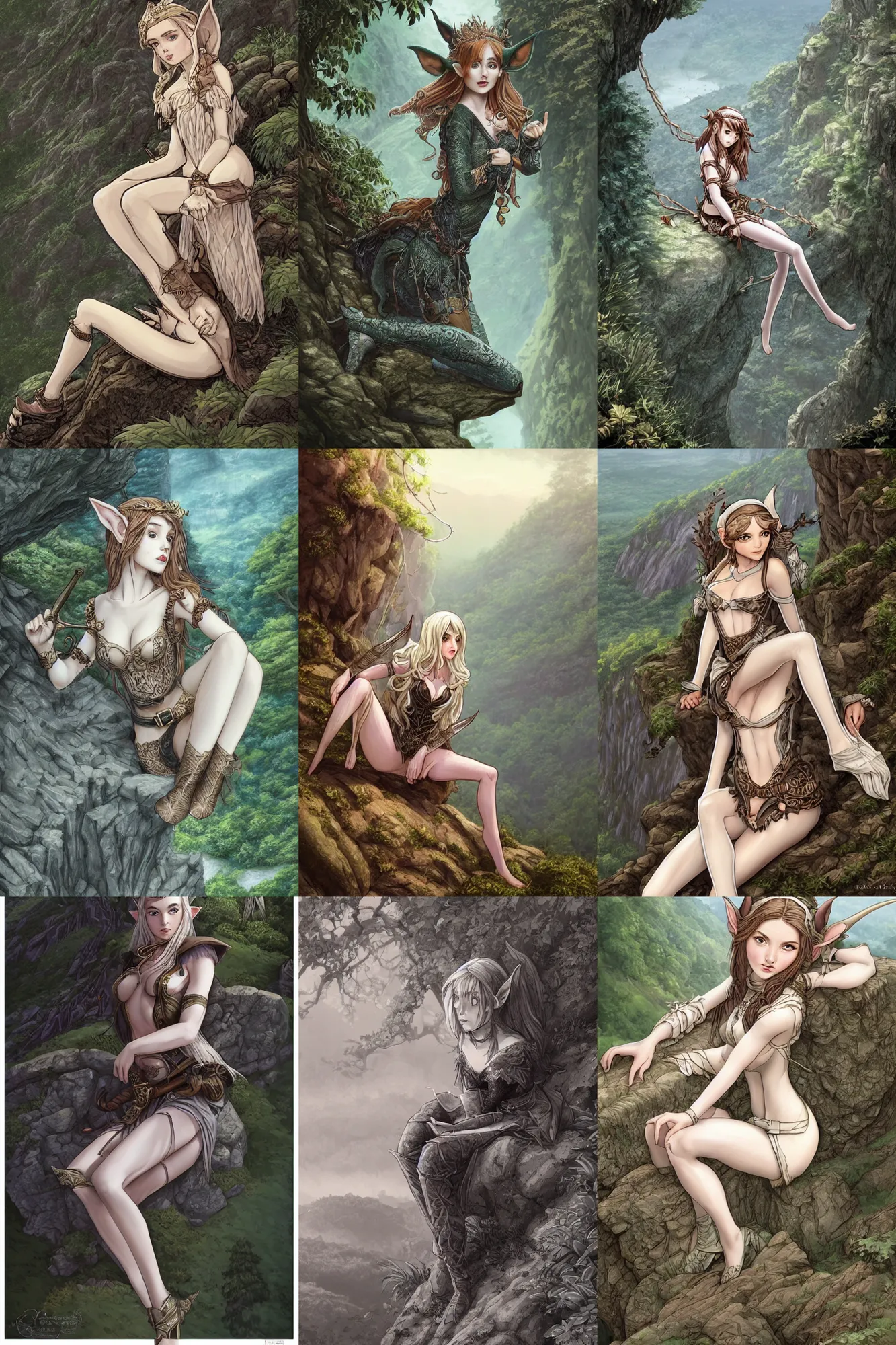 Prompt: alluring highly-detailed pen and ink illustration an attractive young elf woman (played by young Christina Hendrick), sitting on the edge of a cliff overlooking a forested valley, clothed in a chesty fantasy outfit, digital painting, trending on Artstation, concept art, smooth, sharp focus, illustration, in the style of artgerm and greg rutkowski and alphonse mucha