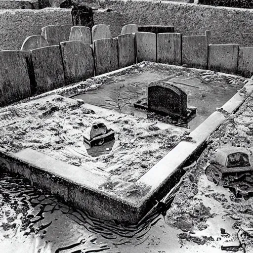 Image similar to The print shows a grave that has been flooded with water. The grave is located in a cemetery in Italy. The water in the grave is dirty and there is trash floating in it. The grave is surrounded by a fence. 1990s by Genndy Tartakovsky offhand, curvaceous