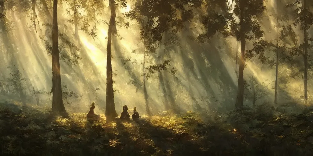 Image similar to A Craig Mullins oil painting of a hauntingly beautiful forest in the morning; a-weary-traveler-is-sitting-next-to-a-small-campfire; rays of light coming through the canopy; trending on artstation; extraordinary masterpiece!!!!!!; 8k