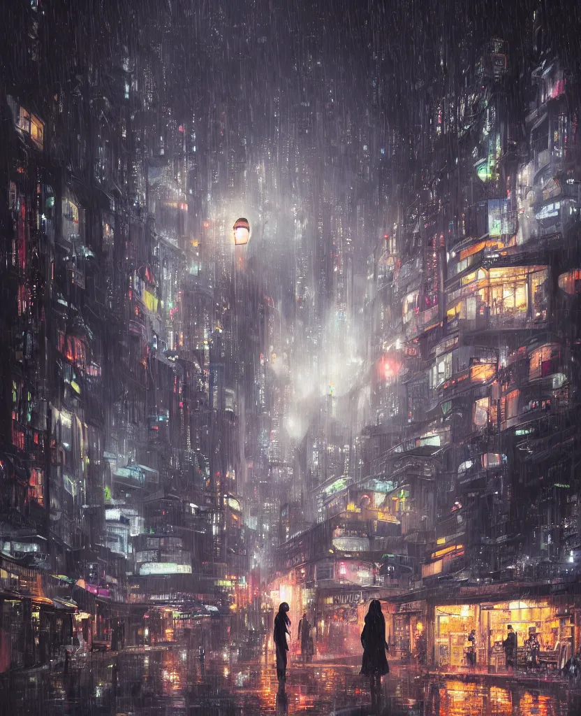 Prompt: cluttered futuristic city at night, rain, girl under lantern, by Sean Foley