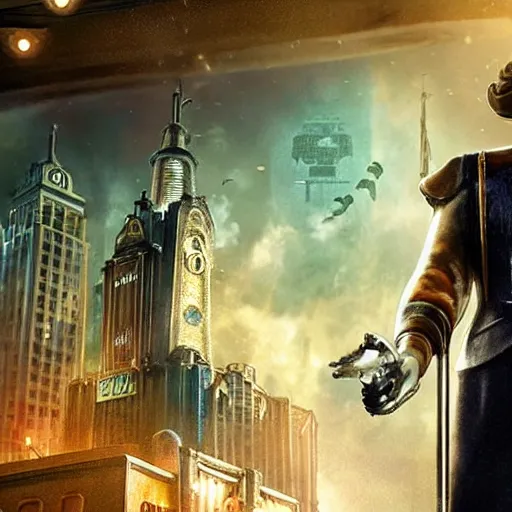 Image similar to a highly detailed cinematic photo from a live - action bioshock movie. andrew ryan, portrayed by ryan gosling, is shown standing in a 1 9 3 0's office with a large desk in front of a floor - to - ceiling window looking out onto the underwater city of rapture shining in the distance, several fish are shown outside of the window