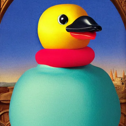 Image similar to a matte portrait of a highly decorated rubber duck with a dreamy expression, highly detailed, illustration in renaissance style