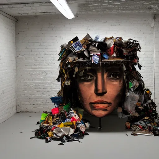 Image similar to in defiance of consciousness, trash art installation, studio lighting