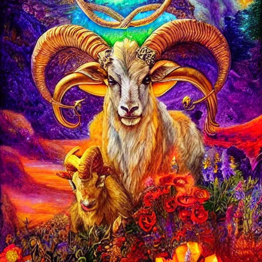 Image similar to horned ram goddess aries by josephine wall, trending on artstation, checking her phone, erupting volcano in distance, flowers in foreground, sunset, stars in sky, fantasy, zodiac, 8 k