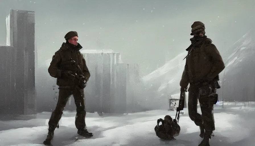 Image similar to a beautiful painting in the style of sergey kolesov of a snowy landscape overlooked by a handsome man in tactical gear fit for a spy, overseeing a large brutalist facility in the distance, award winning art