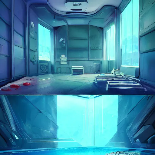 Image similar to futuristic room, crisp, artstation, luxury, beautiful, dim painterly lighting aquatic, 3 d concept art