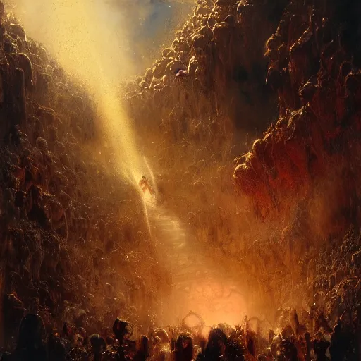 Image similar to alvah angelrune water portal to hell located in heaven, crowd of people, rule of thirds, 4 k, dark bright effect, highly detailed painting by gaston bussiere, craig mullins, j. c. leyendecker