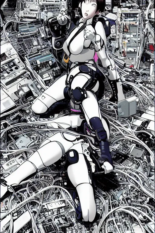 Image similar to coherent motoko kusanagi kneeling on a white in style of masamune shirow, empty floor, with a mess of wires and cables coming out of her head and backside, by Yukito Kishiro and katsuhiro otomo, illustration, cyberpunk, hyper-detailed, colorful, complex, intricate, masterpiece, epic