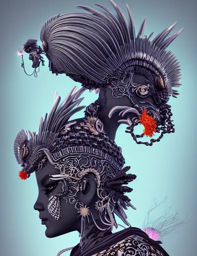 Image similar to 3 d goddess close - up profile portrait punk with mohawk with ram skull. beautiful intricately detailed japanese crow kitsune mask and clasical japanese kimono. betta fish, jellyfish phoenix, bio luminescent, plasma, ice, water, wind, creature, artwork by tooth wu and wlop and beeple and greg rutkowski