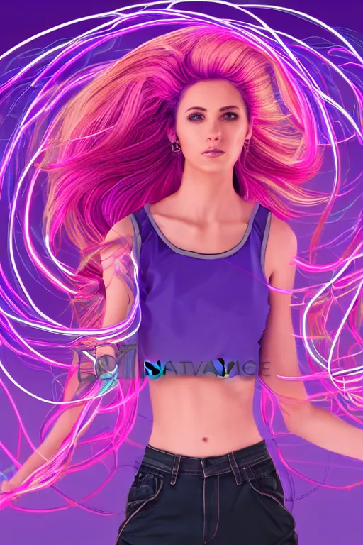 Image similar to a award winning half body portrait of a beautiful woman in a croptop and cargo pants with ombre purple pink teal hairstyle with head in motion and hair flying, surrounded by whirling illuminated lines, outrun, vaporware, shaded flat illustration, digital art, trending on artstation, highly detailed, fine detail, intricate