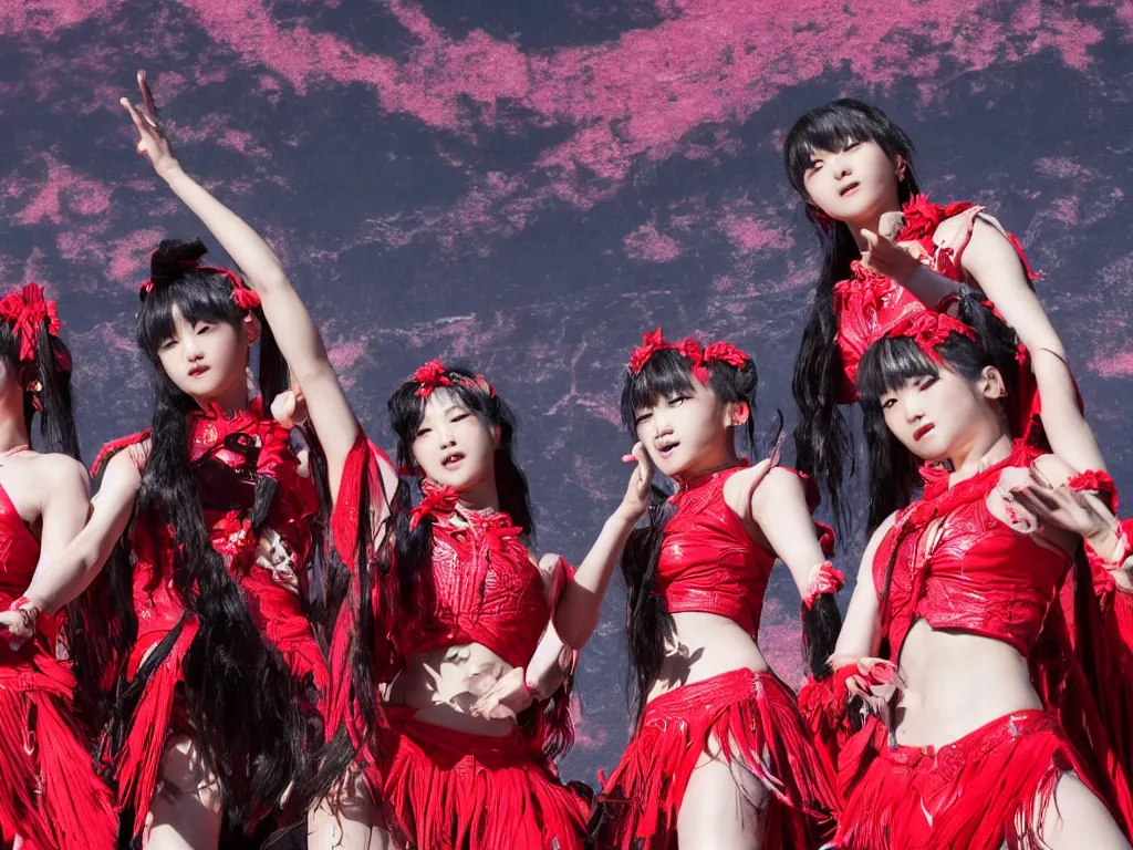 Prompt: babymetal 3 beautiful members performing on a tropical beach, beautiful scenery, highly detail face, dynamic pose, High Definition detail, 8K, photography