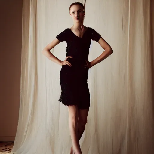 Image similar to delicate, semi transparant, high couture dress in a super model, warm light, studio setting