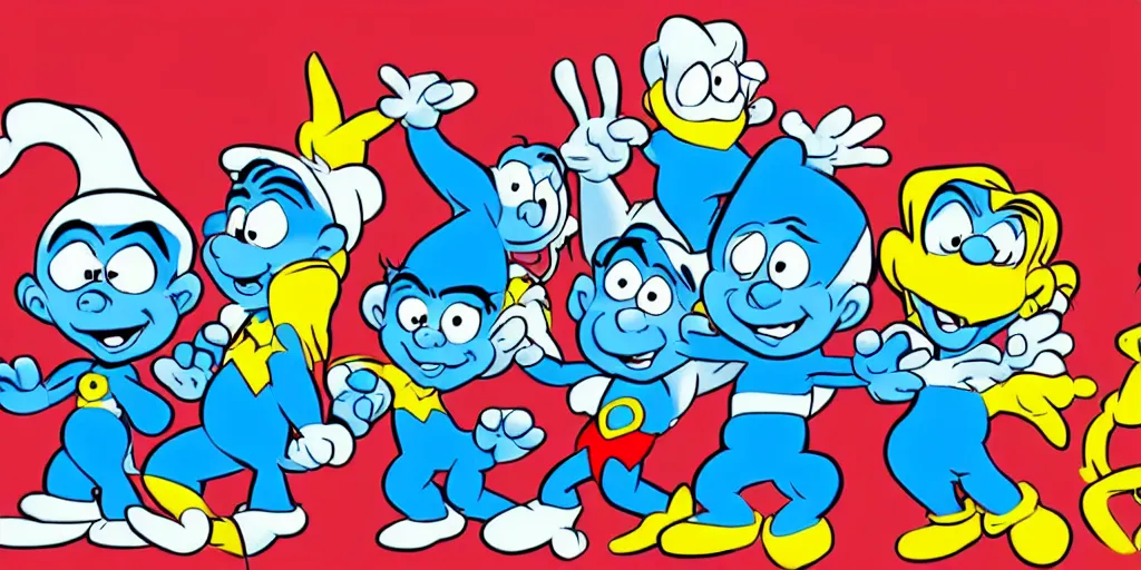 Image similar to the smurfs as superheroes, animation, cell animation, in the style of hanna barbera