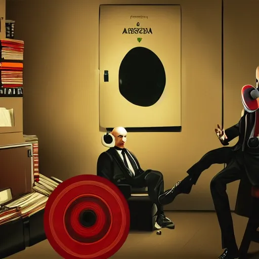 Prompt: a portrait of agent 4 7 from hitman wearing headphones, sitting in a room full of vinyl records, dark background, red rim light, highly detailed, digital art, artstation, concept art