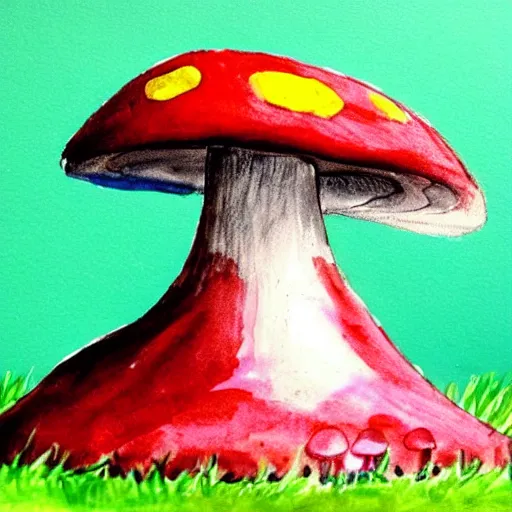 Image similar to a children painting of a cute creature sitting next to a mushroom, detailed, realistic