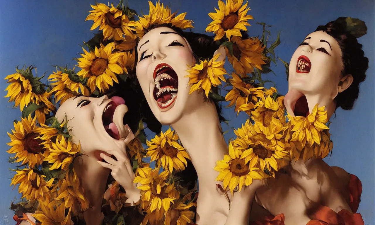 Image similar to a portrait of a beautiful female mannequin, a jointed wooden art doll, laughing with her mouth open, happiness, sunflowers, by Rolf Armstrong, by Esao Andrews, by Karol Bak