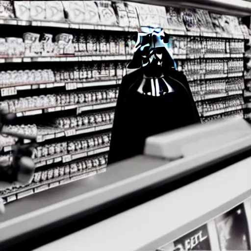 Image similar to security camera footage of darth vader shopping in an convenience store, filmic, cinematographic