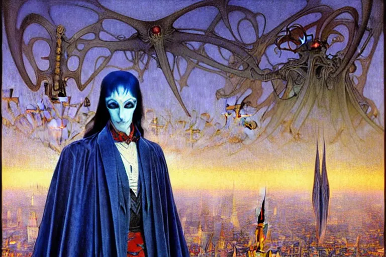 Prompt: realistic extremely detailed portrait painting of an elegantly creepy vampire man in a cape, futuristic sci-fi city on background by Jean Delville, Amano, Yves Tanguy, Alphonse Mucha, Ernst Haeckel, Edward Robert Hughes, Roger Dean, rich moody colours, blue eyes