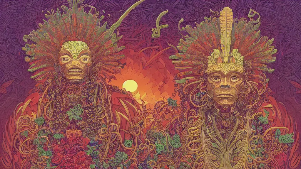 Prompt: highly detailed illustration of a mayan god growing all kinds of flowers by kilian eng, by moebius!, by oliver vernon, by joseph moncada, by damon soule, by manabu ikeda, by kyle hotz, by dan mumford, by kilian eng