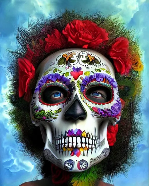 Image similar to dia de los muertos hombre theme surrealist art in the styles of igor morski, jim warren, and osborne macharia, intricate, hyperrealistic, accurate facial details, profile picture with chromakey!!!!! background, volumetric lighting