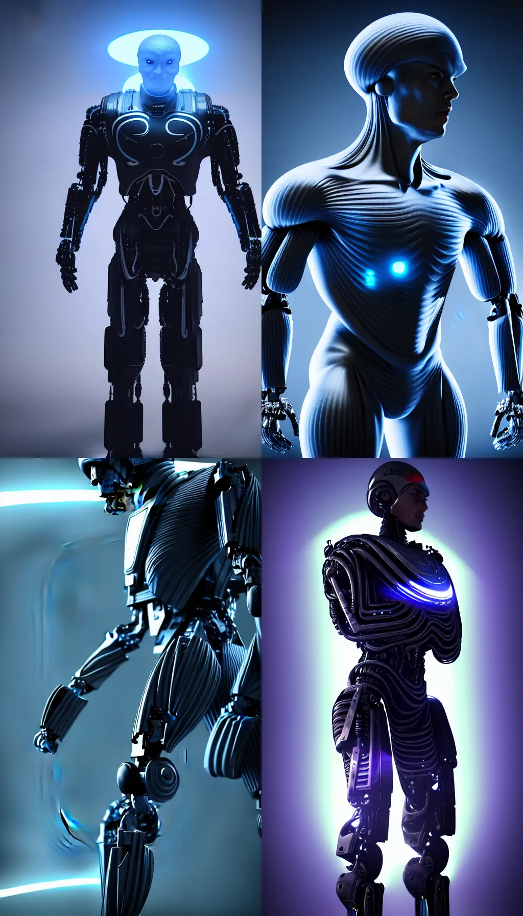 Prompt: tall muscular alien cyborg with huge head in fiber optic exo suit, 8k, octane render