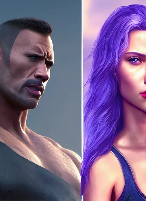 Image similar to a beautiful portrait of Scarlett Johansson as Dwayne the rock Johnson !dream Madison Beer as a video game character, digital art, unreal engine, unreal engine render, blender render, render, 4k, coherent