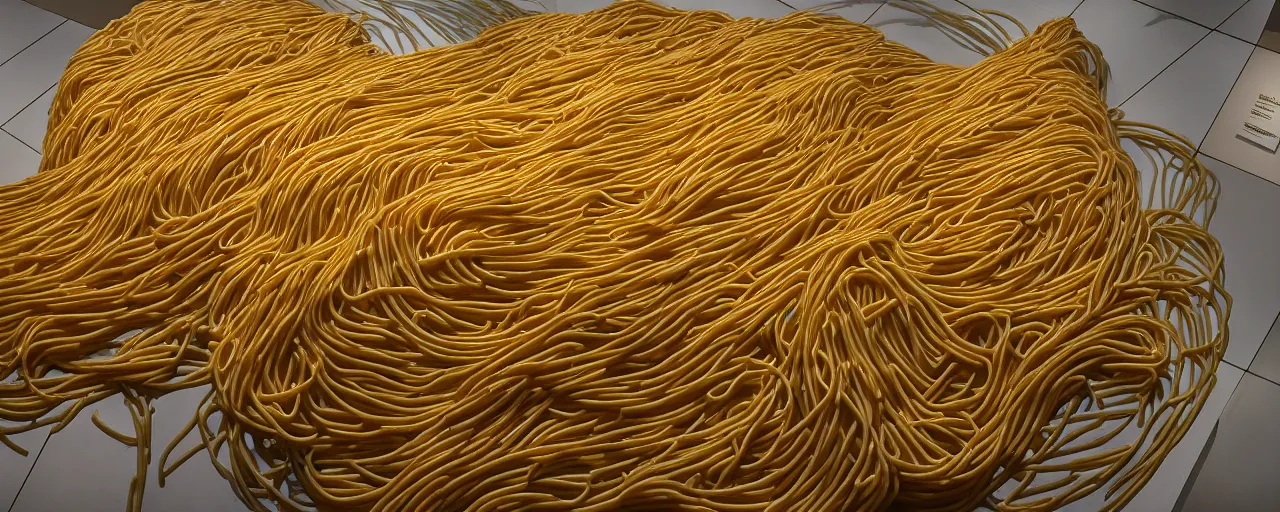 Image similar to famous sculpture made of spaghetti in ny museum of modern art, in the style of jeff koons, kodachrome film,, retro