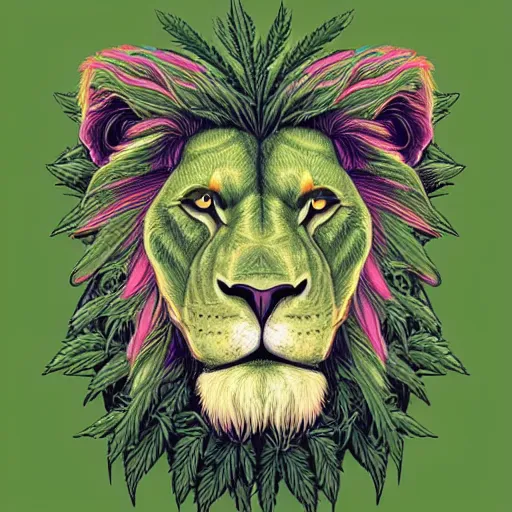 Prompt: a green lion made of weed with a cannabis leaves mane Intricate ultradetailed illustration by Dan Mumford,trending on artstation