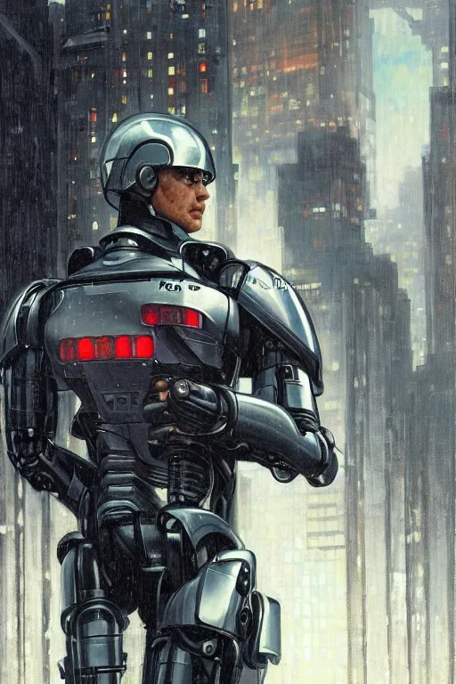 Image similar to Robocop portrait, rainy Detroit by Stanley Artgerm Lau, greg rutkowski, thomas kindkade, alphonse mucha, loish, norman Rockwell