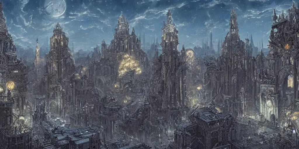 Prompt: an concept art of the ancient eldritch city, surrounded by monumental obelisks, lovercraft, intricate details, detailed sky, detailed structures, starry night, artstation, epic scenery, colourful light, cinematic, by kentaro miura and vasnetsov