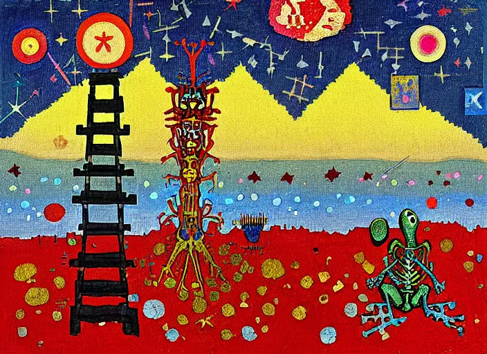 Image similar to pixel decollage painting tarot lovers card composition tower of babel road red armor maggot bear and wonky alien frog skeleton knight on a horse in a dark red cloudy night sky with golden foil jewish stars and diamonds, mountain lake and blossoming field in background, painted by mark rothko, helen frankenthaler, danny fox and hilma af klint, pixelated, naive
