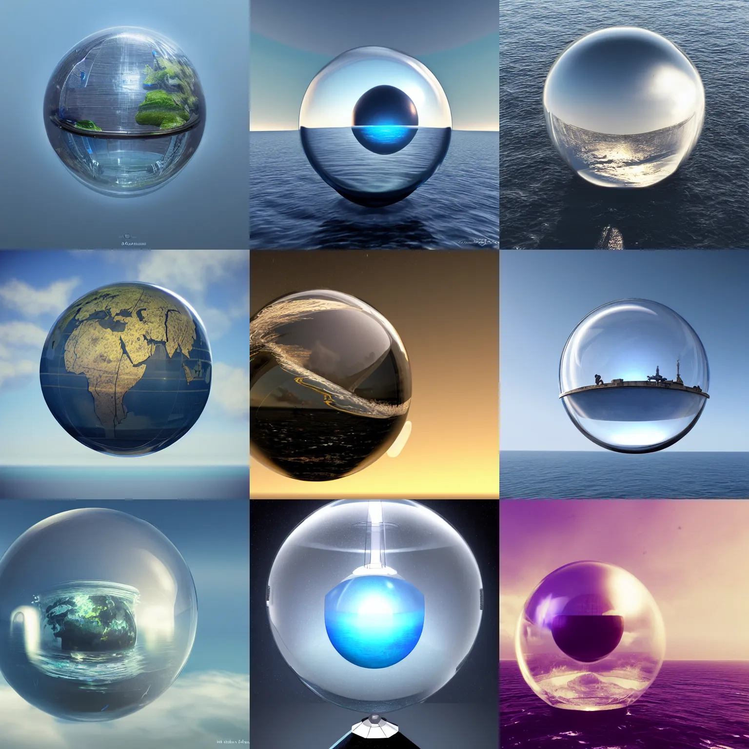 Prompt: A glass sphere hovers over the ocean, inside the sphere is a dark cube, 8k photorealistic, HD, high details, concept art, trending on artstation