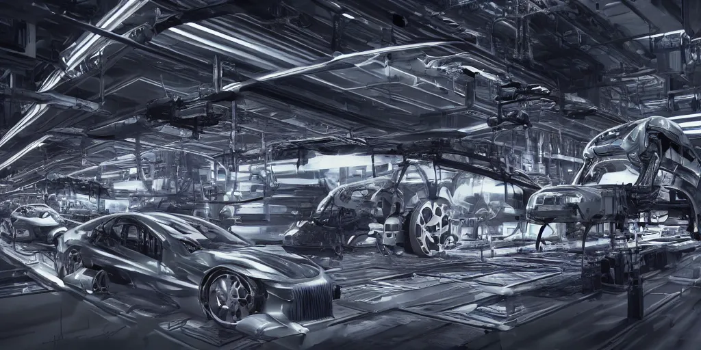 Image similar to 3 d concept art, carbon fiber automobile production line of hydrogen power energy, science fiction, beautiful, cinematic lighting, intricate details, octane rendering, trending on artstation, featured on behance.