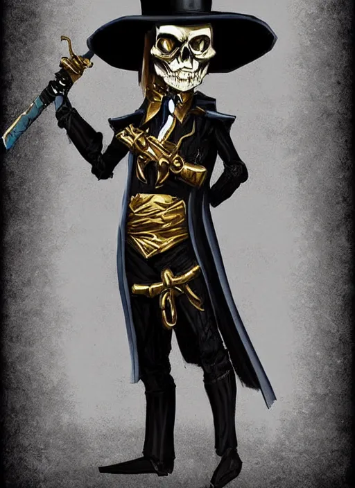 Image similar to DND character art, skeletal male figure, wearing a deep black suit!!! and tie and top hat, holding a gold! cane!, blue flames!!