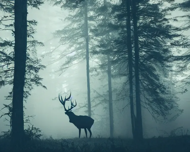 Prompt: an alert elk with branch antlers in a foggy forest, epic scene, extremely detailed masterpiece, extremely moody lighting, glowing light and shadow, atmospheric, shadowy, cinematic