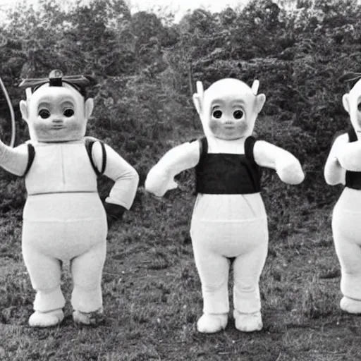 Prompt: old photo of teletubbies wearing japanese soldier gear
