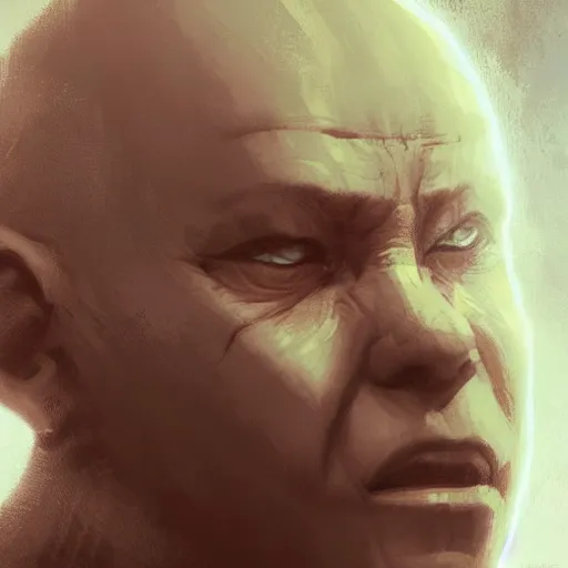 Prompt: Close up of a mystic balled monk with bright glowing eyes looking serious, Illustration, By Greg Rutkowski