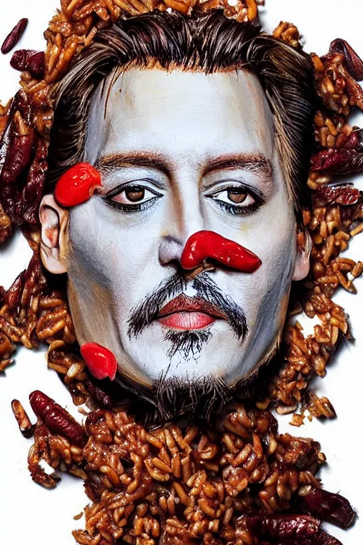 Image similar to johnny depp made out of jambalaya, a human face made out of a bowl of jambalaya, professional food photography