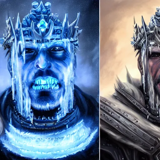 Prompt: a matte full likeness painting of travis scott face merged with the lich king wearing a crown made of ice, icey, world of warcraft, digital art, fantasy, realistic lighting, in the style of greg rutkowski