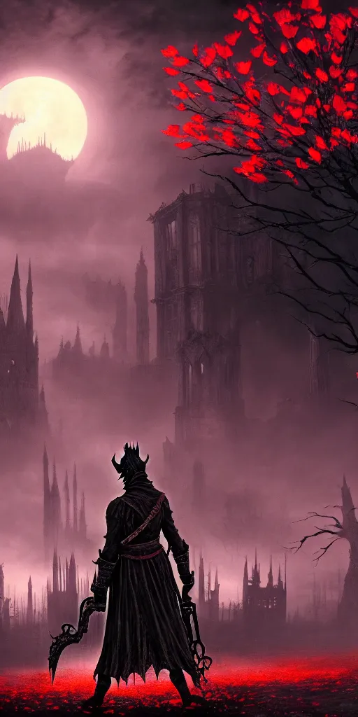 Image similar to populated bloodborne old valley with a obscure person at the centre and a ruined gothic city in the background, trees and stars in the background, falling red petals, epic red - orange moonlight, perfect lightning, wallpaper illustration by niko delort and kentaro miura, 4 k, ultra realistic